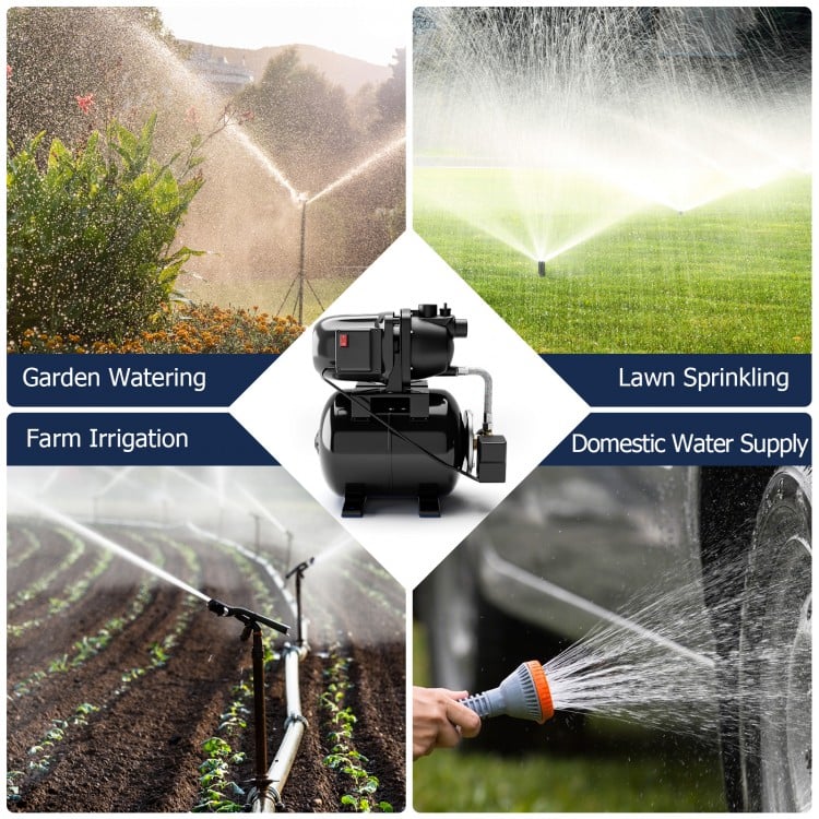 Black 1200 W garden water pump for pressurized irrigation, ideal for transferring water and boosting pressure in homes.