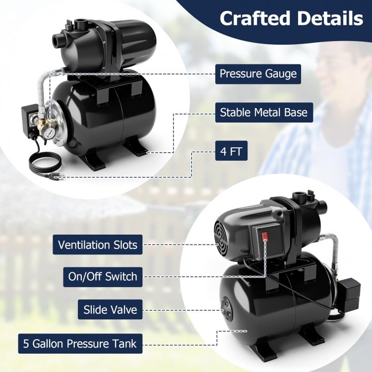 Close-up of the 1200 W garden water pump with pressure gauge and 5-gallon tank, ideal for irrigation and water transfer.
