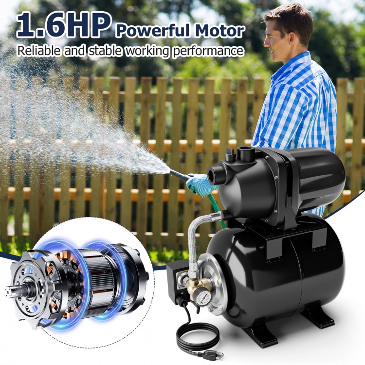 Powerful 1.6HP garden water pump with 150-foot lift, ideal for boosting water pressure in homes and gardens.