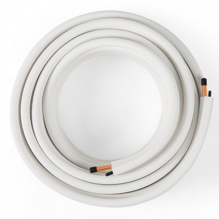 50 feet mini split line set featuring 1/4" and 1/2" O.D. copper pipes, designed for efficient thermal conductivity.