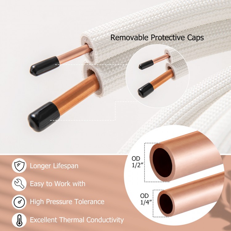 Close-up of 50 feet mini split line set with 1/4" and 1/2" O.D. copper pipes, featuring removable protective caps for.