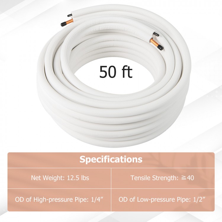 50 ft mini split line set featuring 1/4" and 1/2" O.D. copper pipes with 3-layer insulation for high-pressure.