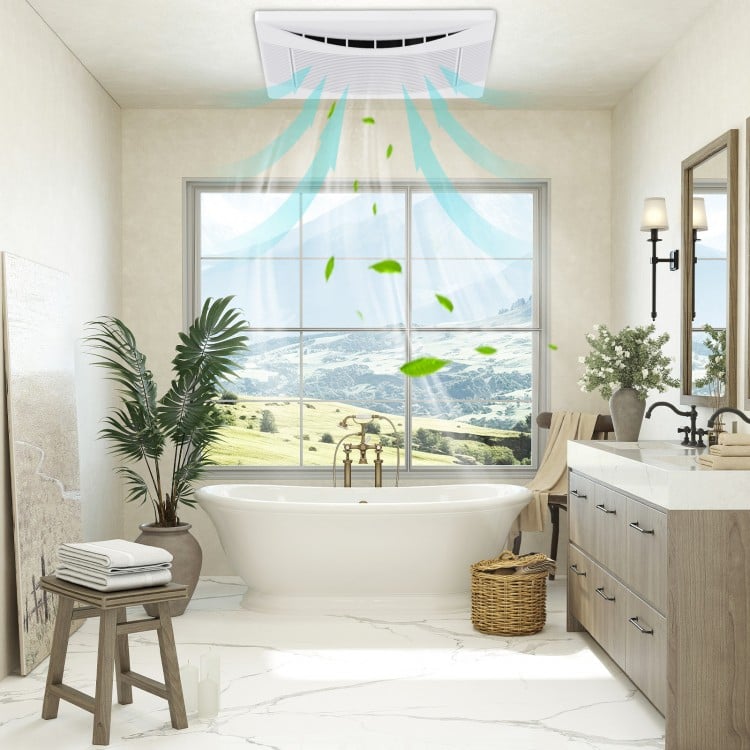 Ceiling mount exhaust ventilation fan in a serene bathroom setting, showcasing 110 CFM airflow for effective.