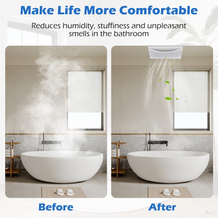 Ceiling mount exhaust ventilation fan with metal housing, 110 CFM airflow, reduces humidity for bathrooms up to 120 sq.