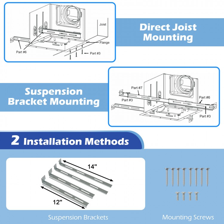 Installation methods for the 110 CFM ceiling mount exhaust fan, including direct joist and suspension bracket mounting.