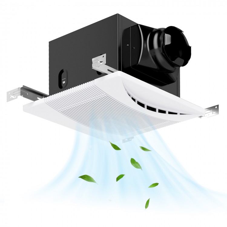 Ceiling mount exhaust ventilation fan with metal housing, 110 CFM airflow, designed for efficient bathroom ventilation.