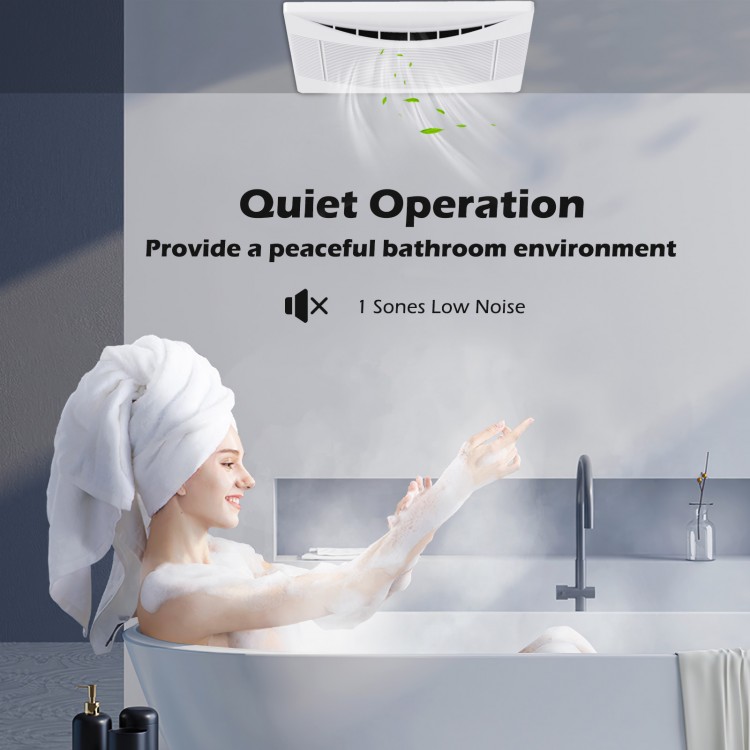 Ceiling mount exhaust ventilation fan with metal housing, 110 CFM airflow, and low noise for a tranquil bathroom.