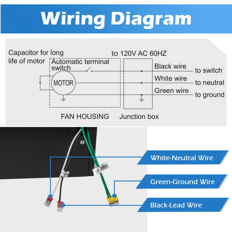 Wiring diagram for the 110 CFM ceiling mount exhaust fan, showing black, green, and white wires for installation.
