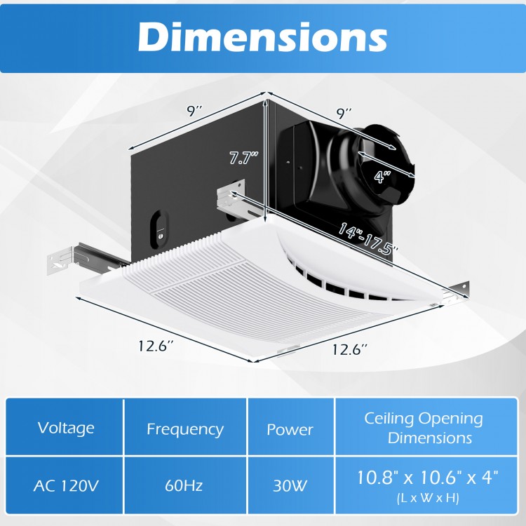 Ceiling mount exhaust ventilation fan dimensions with 110 CFM airflow capacity and durable metal housing for efficient.