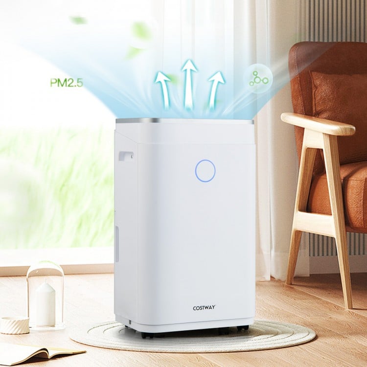 60-pint dehumidifier in white, showcasing 4 universal wheels for easy mobility and designed for spaces up to 4000 sq.