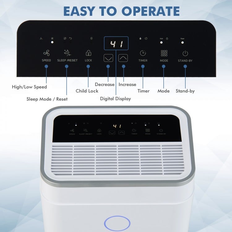 Control panel of the 60-pint dehumidifier with digital display and 3-color humidity indicator for easy operation.