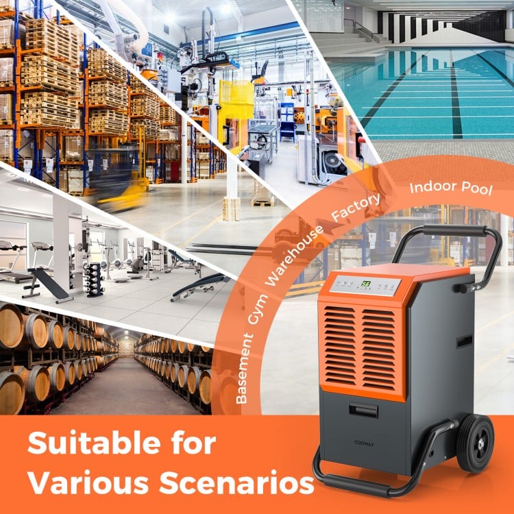 Commercial dehumidifier in gray, removing 163 pints of moisture daily, ideal for warehouses and large indoor spaces.