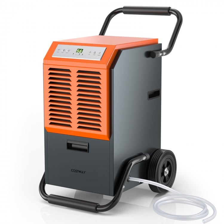 Commercial dehumidifier in gray, removes 163 pints daily, features wheels, drain hose, and 24-hour timer for warehouses.
