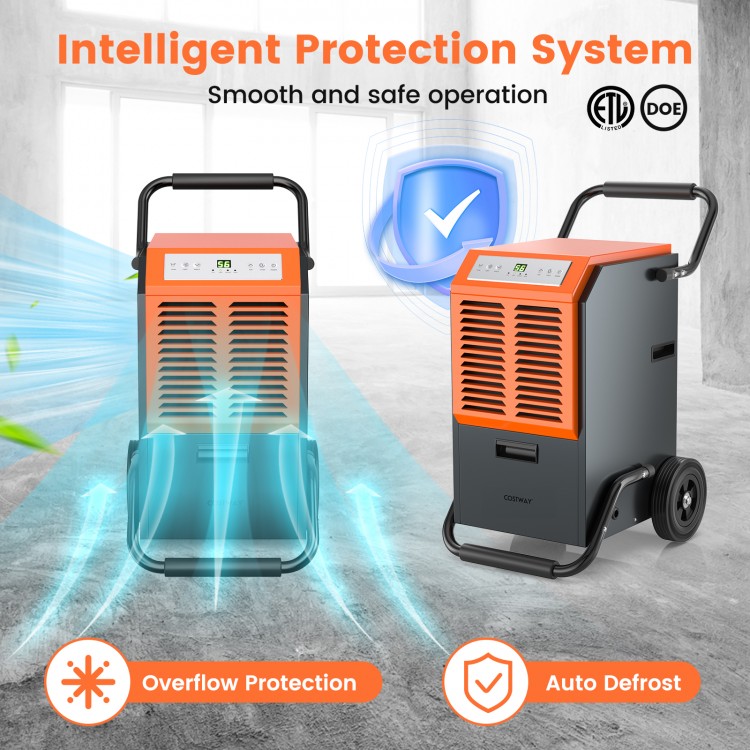 Commercial dehumidifier in gray, removing 163 pints daily, featuring overflow protection and portable design for.