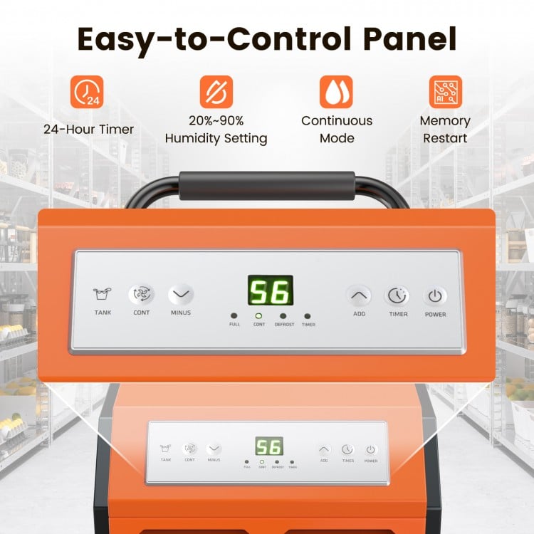 Easy-to-control panel of the 163 Pints Commercial Dehumidifier with humidity settings and 24-hour timer.