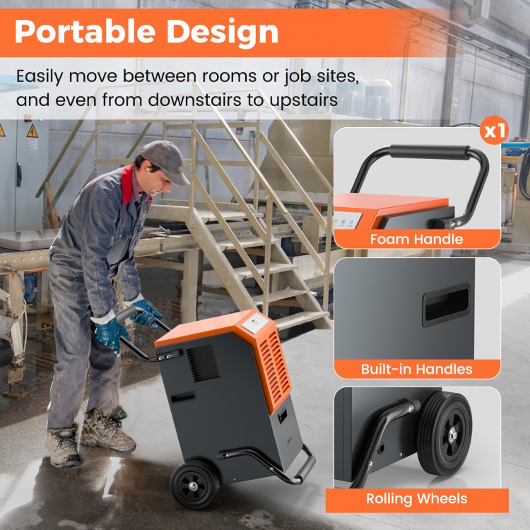 Portable commercial dehumidifier with foam handle, built-in handles, and rolling wheels for easy transport in.