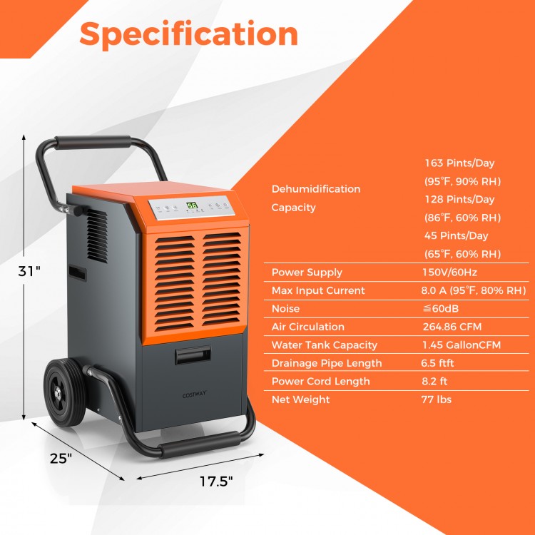 163 pints commercial dehumidifier in gray with wheels, 24-hour timer, and drain hose for moisture removal in warehouses.