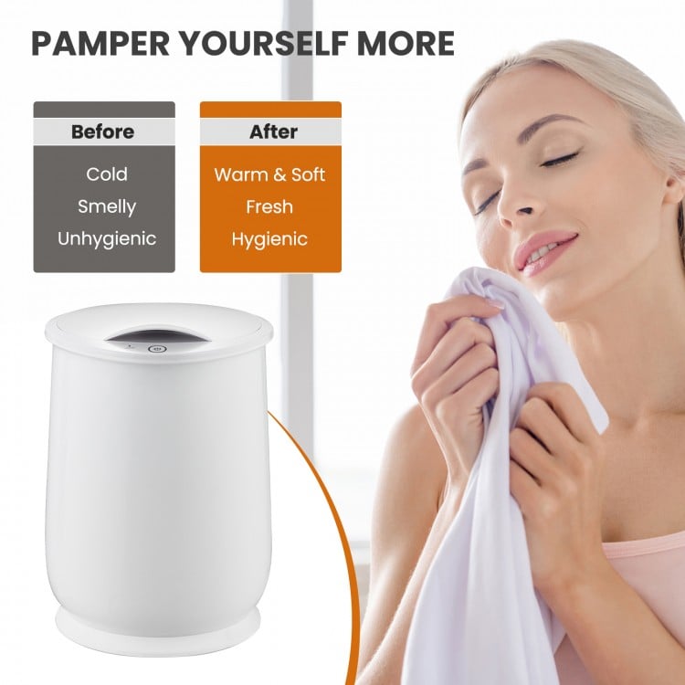 20L white bathroom towel warmer with auto shut-off, fits 2 large towels, provides rapid heating for a spa-like.