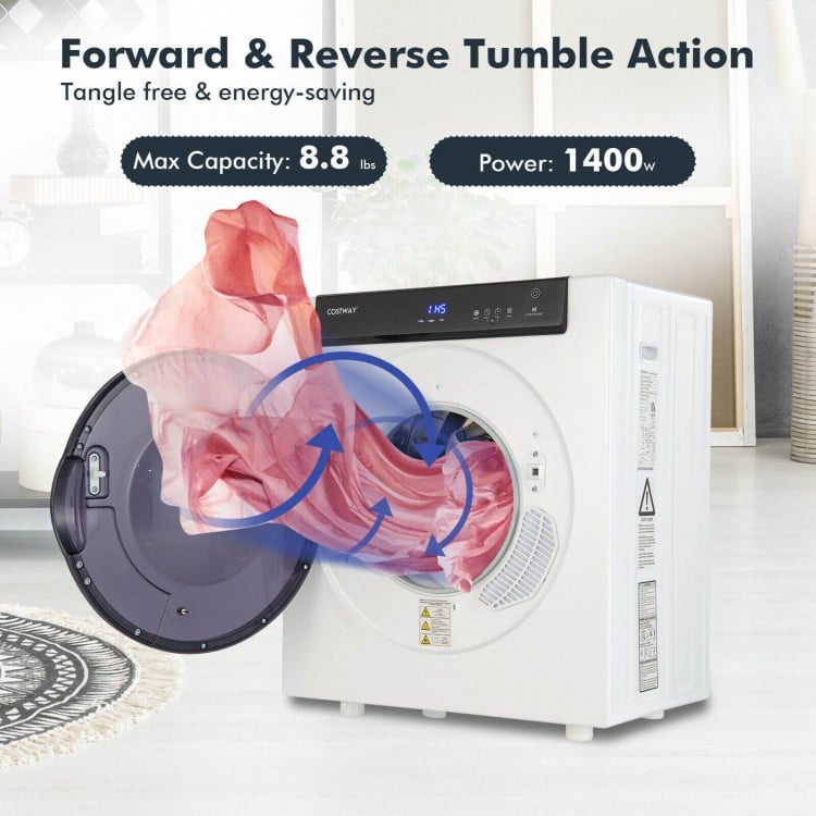Compact 2.6 Cu.ft clothes dryer in white with touch panel, 8.8 lbs capacity, forward and reverse tumble action for.