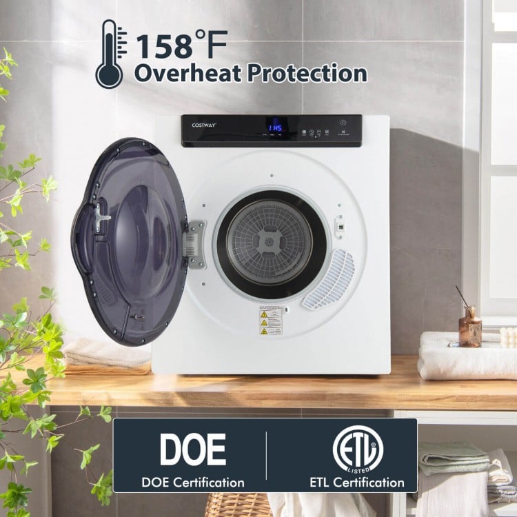 Compact 2.6 Cu.ft clothes dryer in white with touch panel, overheat protection, and wall-mounted installation option.