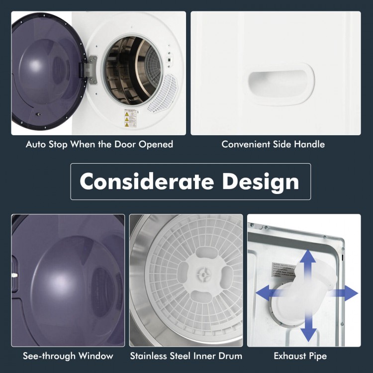 Compact 2.6 Cu.ft clothes dryer with stainless steel drum, side handle, and see-through window for efficient drying.