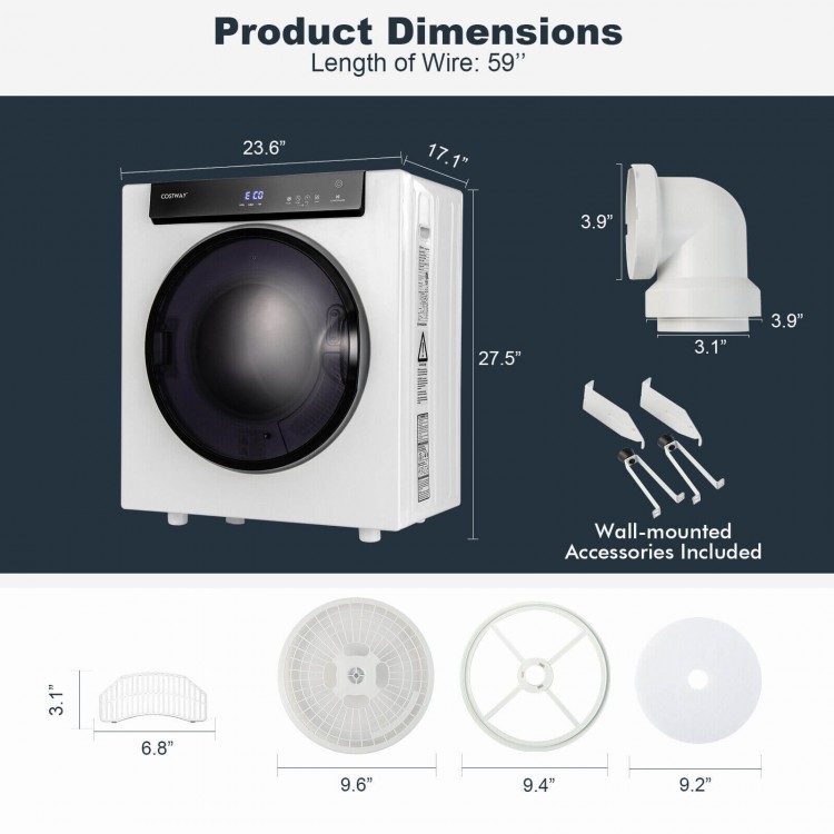 Compact 2.6 Cu.ft clothes dryer in white with touch panel, wall-mounted accessories included for versatile placement.