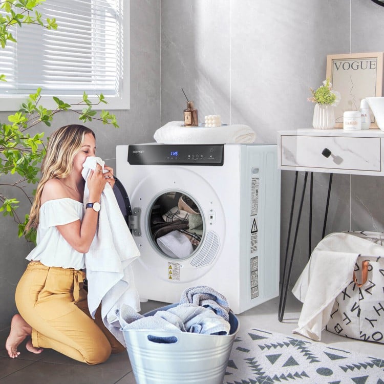 Compact 2.6 cu.ft clothes dryer in white, featuring a touch panel, wall-mounted option, and efficient drying modes.