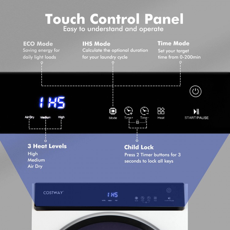 Touch control panel of the 2.6 Cu.ft Compact Clothes Dryer, featuring ECO mode, 3 heat levels, and child lock for.