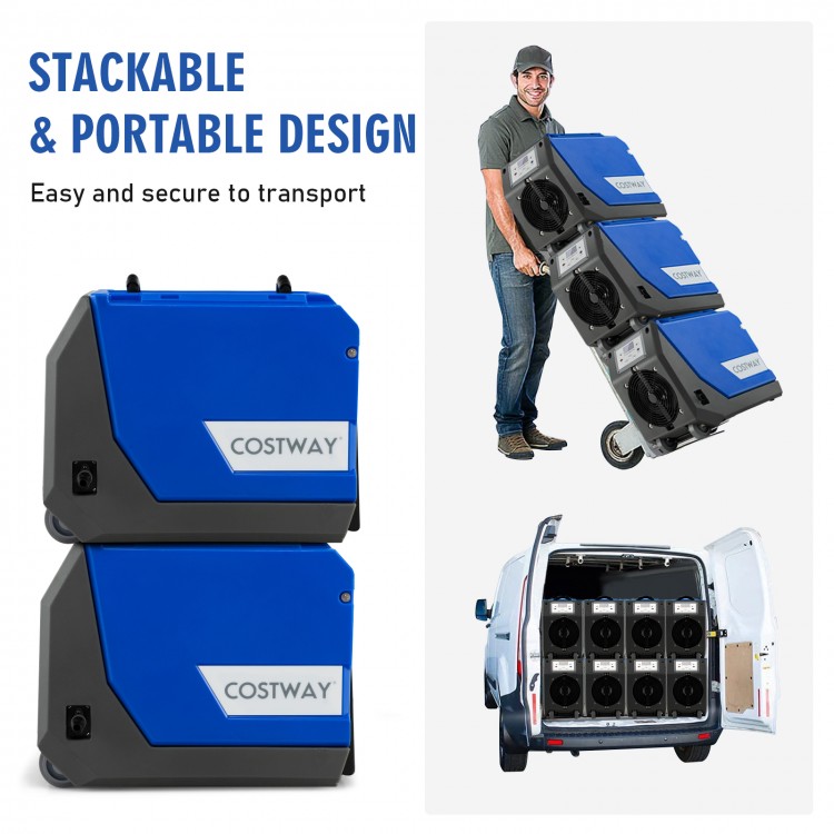 Stackable blue 180 PPD commercial dehumidifier with wheels, ideal for water damage restoration and easy transport.