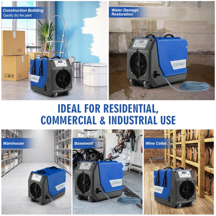 180 PPD commercial dehumidifier with pump drain hose, designed for water damage restoration in large spaces.