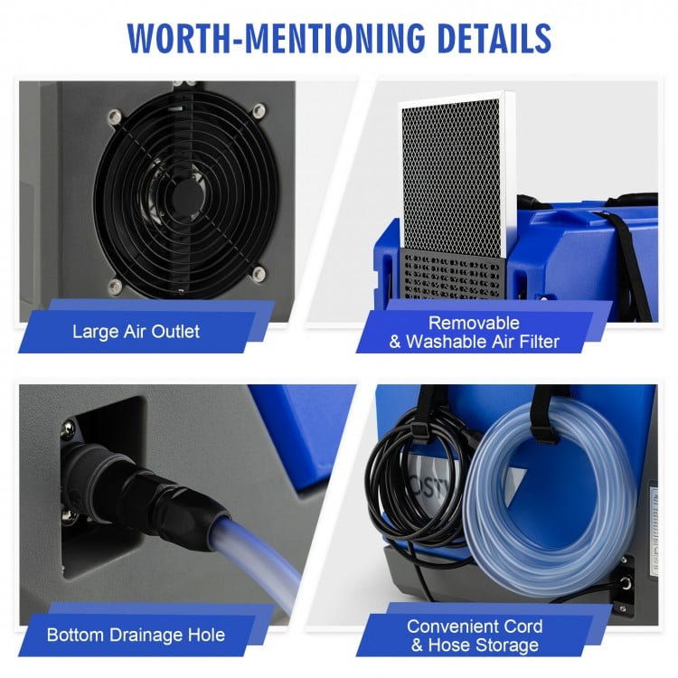 Large air outlet and removable air filter of the 180 PPD commercial dehumidifier for efficient moisture removal.