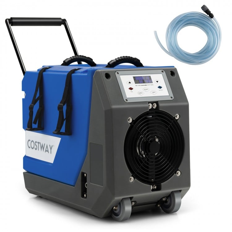 Compact 180 PPD commercial dehumidifier in blue with wheels, ideal for large spaces up to 6,000 sq.ft, featuring a.