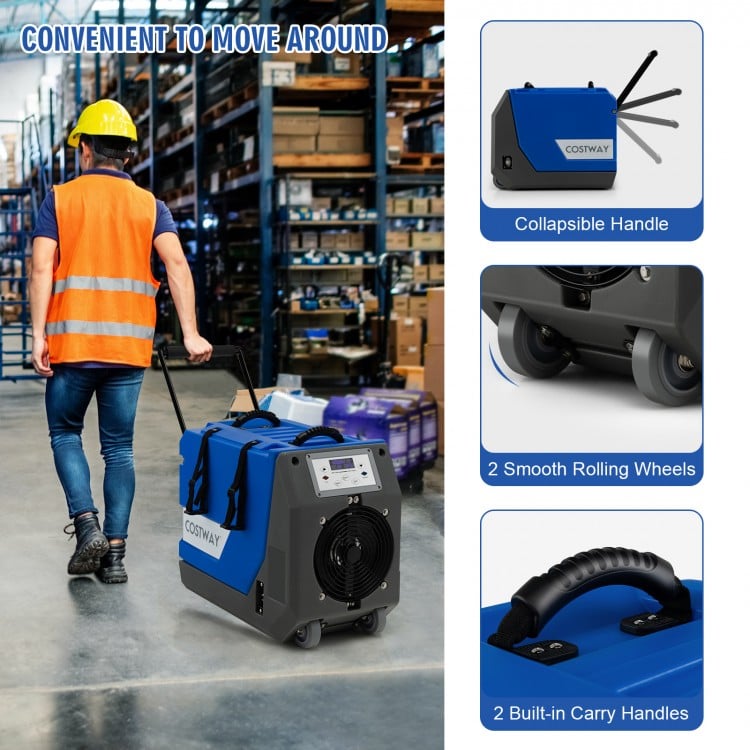 180 PPD commercial dehumidifier in blue with wheels and a collapsible handle for easy mobility and efficient water.