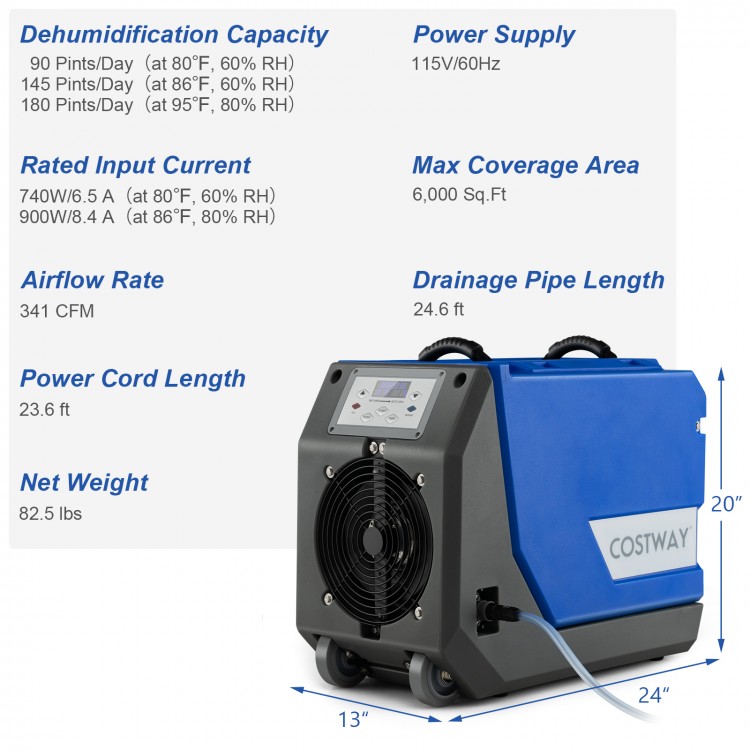 Compact 180 PPD commercial dehumidifier with pump, wheels, and digital display for efficient water damage restoration.