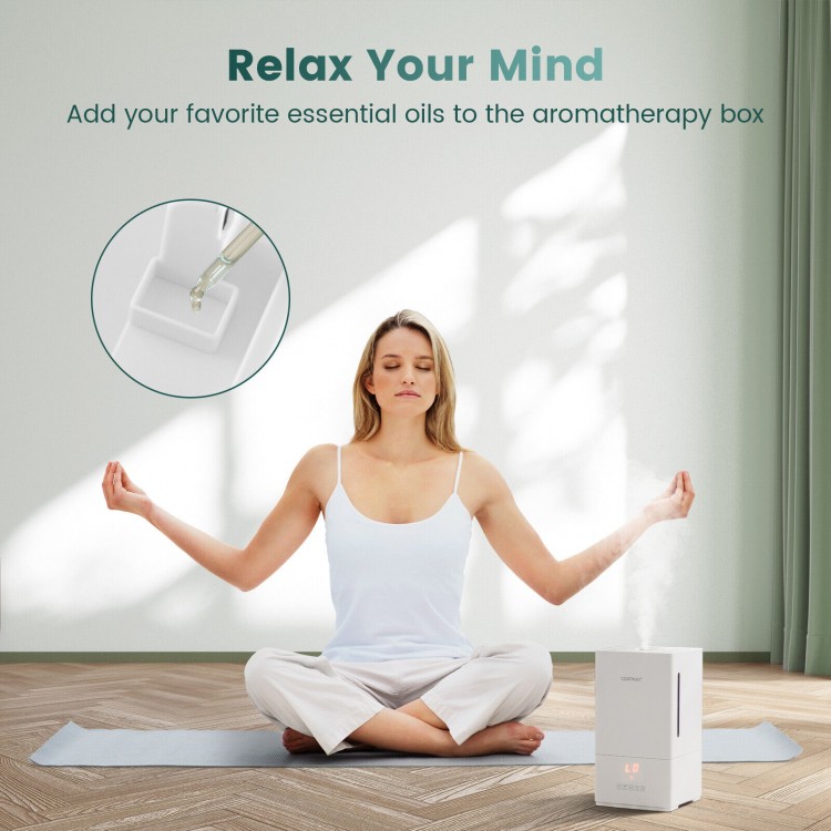 Ultrasonic humidifier with essential oil diffuser in white, featuring a 4L tank and two mist levels for soothing.