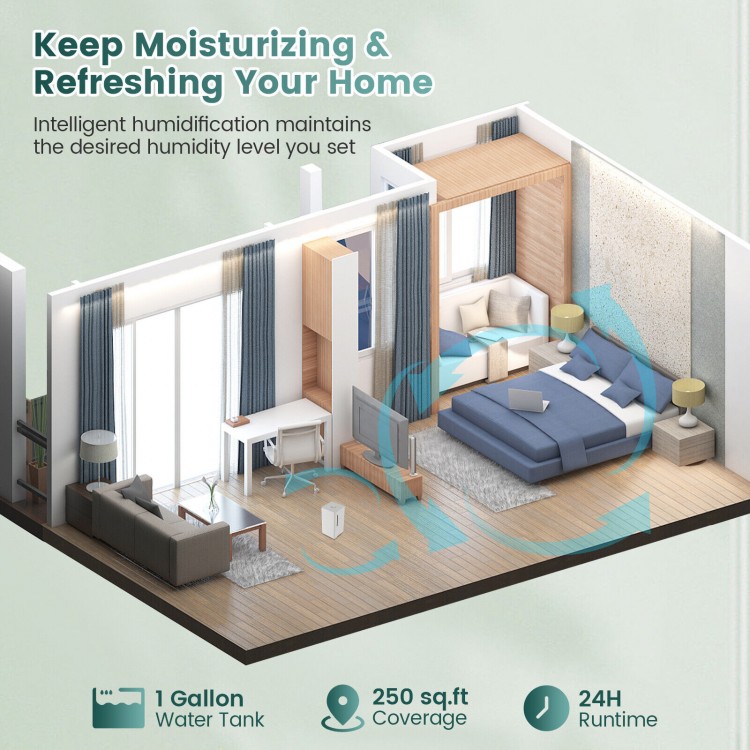4L ultrasonic humidifier in white with essential oil diffuser, designed for 24-hour use in bedrooms or offices.