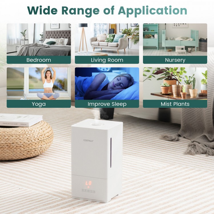 4L ultrasonic humidifier in white with essential oil diffuser, ideal for bedrooms and living rooms, featuring 2 mist.