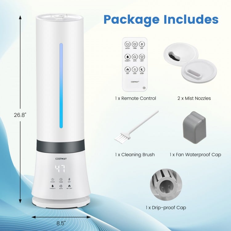 5.5L cool mist humidifier with remote control, 12-hour timer, and two 360° rotatable mist nozzles for convenient use.