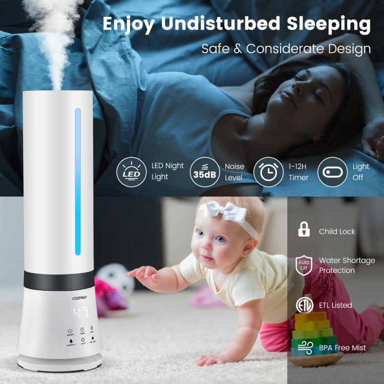 5.5L cool mist humidifier with remote control, featuring a large water tank and sleep mode for quiet, restful nights.