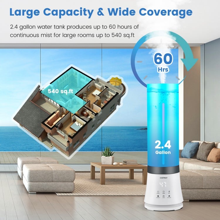 5.5L cool mist humidifier with remote control, 2.4-gallon tank, and 60-hour runtime for large room coverage.