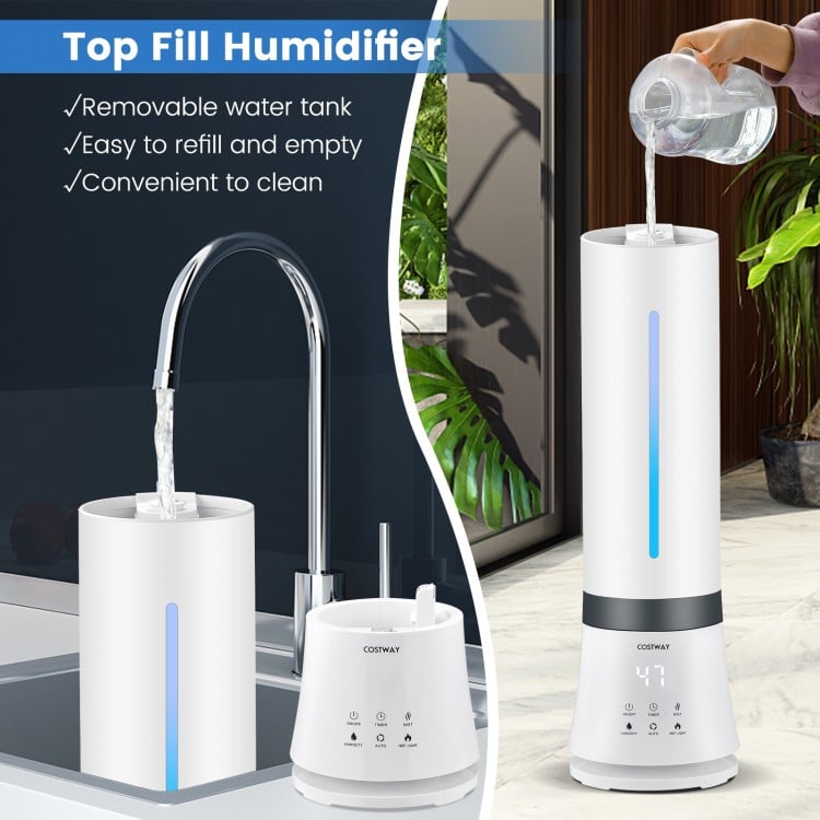 Top fill humidifier with removable water tank, featuring remote control and 12-hour timer for convenient use.