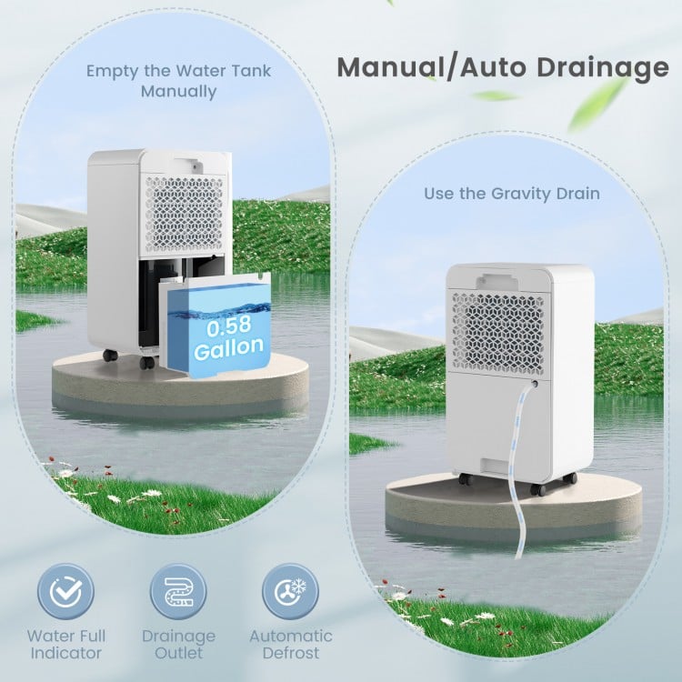 32 pints dehumidifier with manual and auto drainage features, ideal for home and basement use, shown with water tank.