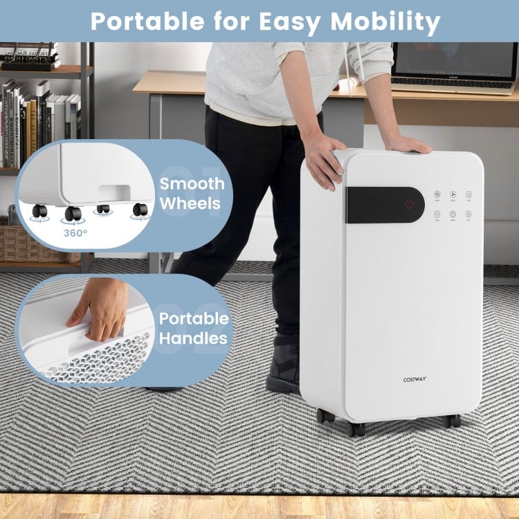 32 pints dehumidifier with portable handles and smooth wheels for easy mobility in home or basement use.