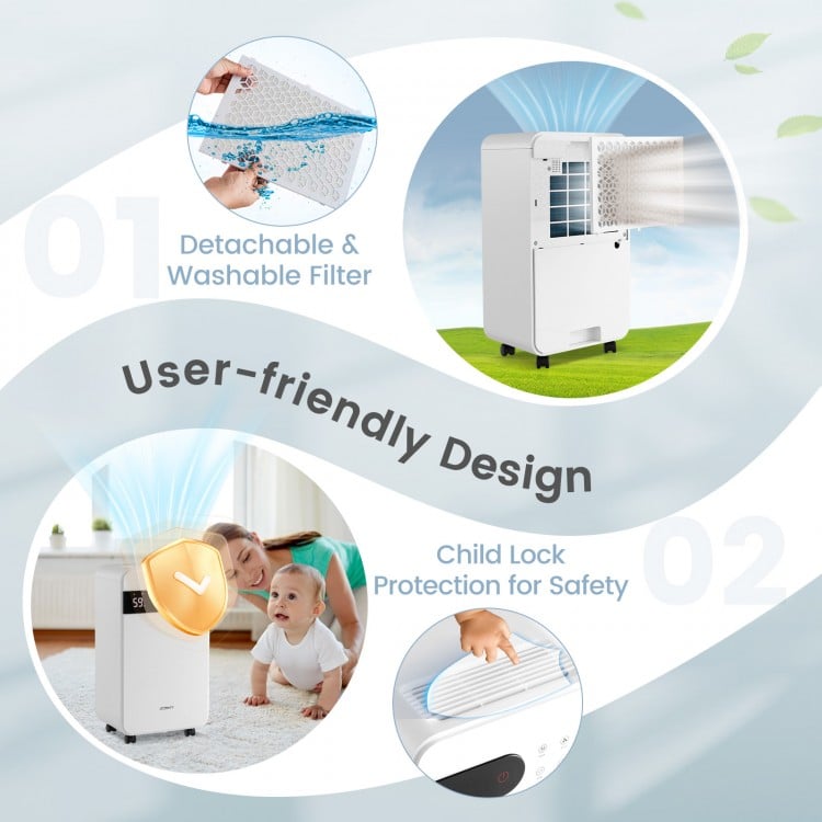 32 pints dehumidifier in white with LED display, child lock, and removable filter for home and basement use.