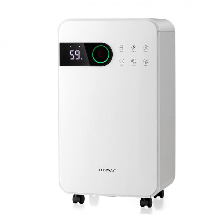 32 pints dehumidifier in white with LED display, 24-hour timer, and portable design for home or basement use.