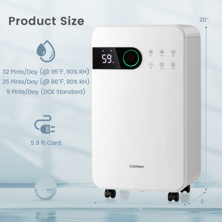 32 pints dehumidifier in white, featuring LED display, 24-hour timer, and portable design for home or basement use.