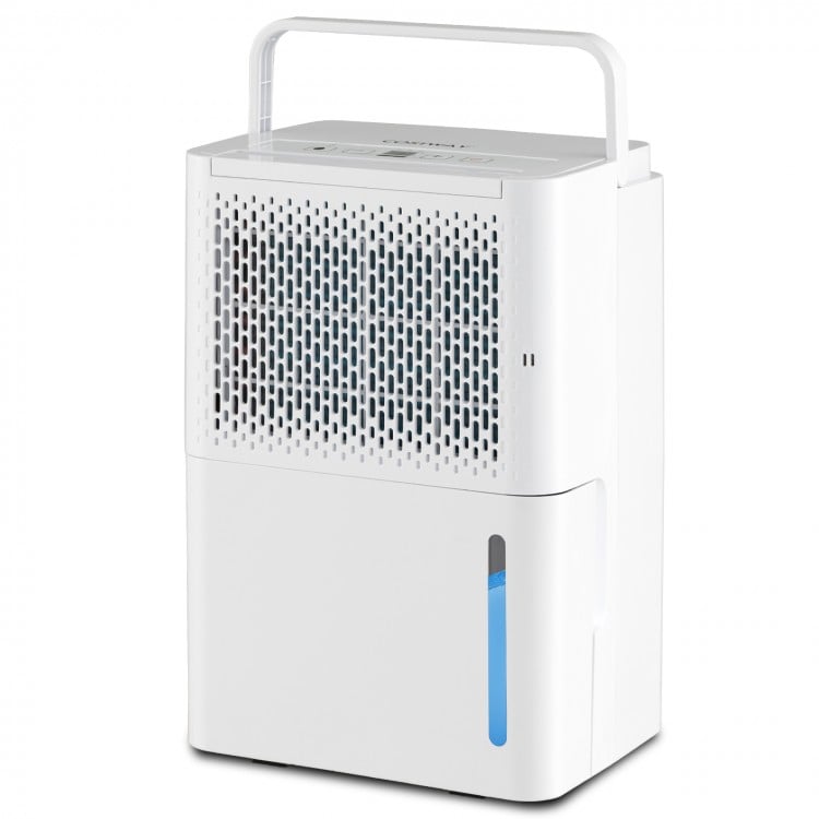32-pint dehumidifier in white with adjustable humidity, LED control panel, and top handle for easy mobility.