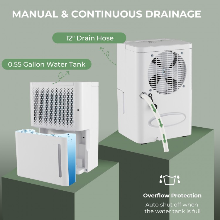 2000 Sq. Ft 32 Pint Dehumidifier with a 12" drain hose, visible water tank, and LED touch control for home use.