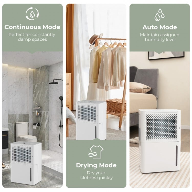2000 Sq. Ft dehumidifier in white showcasing continuous, drying, and auto modes for efficient humidity control.