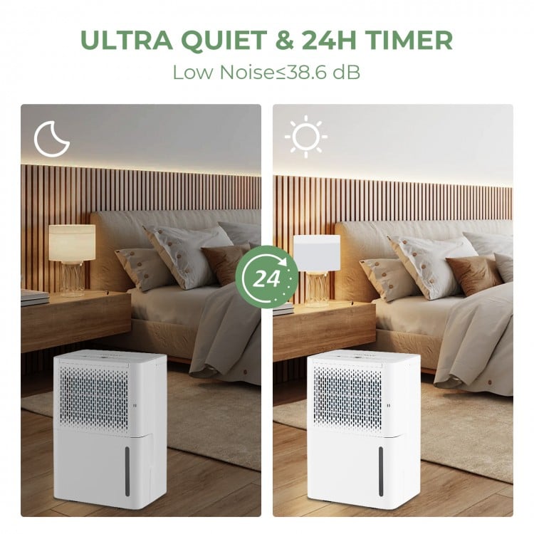 32-pint dehumidifier in white with LED control panel, showing quiet operation and 24-hour timer for home use.